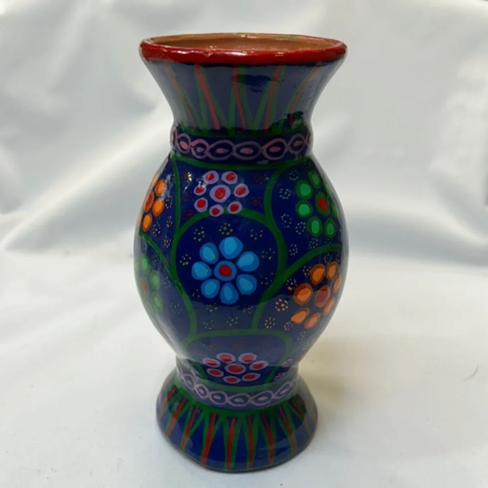 Vintage Mexican Folk Art Painted Terracotta Vase